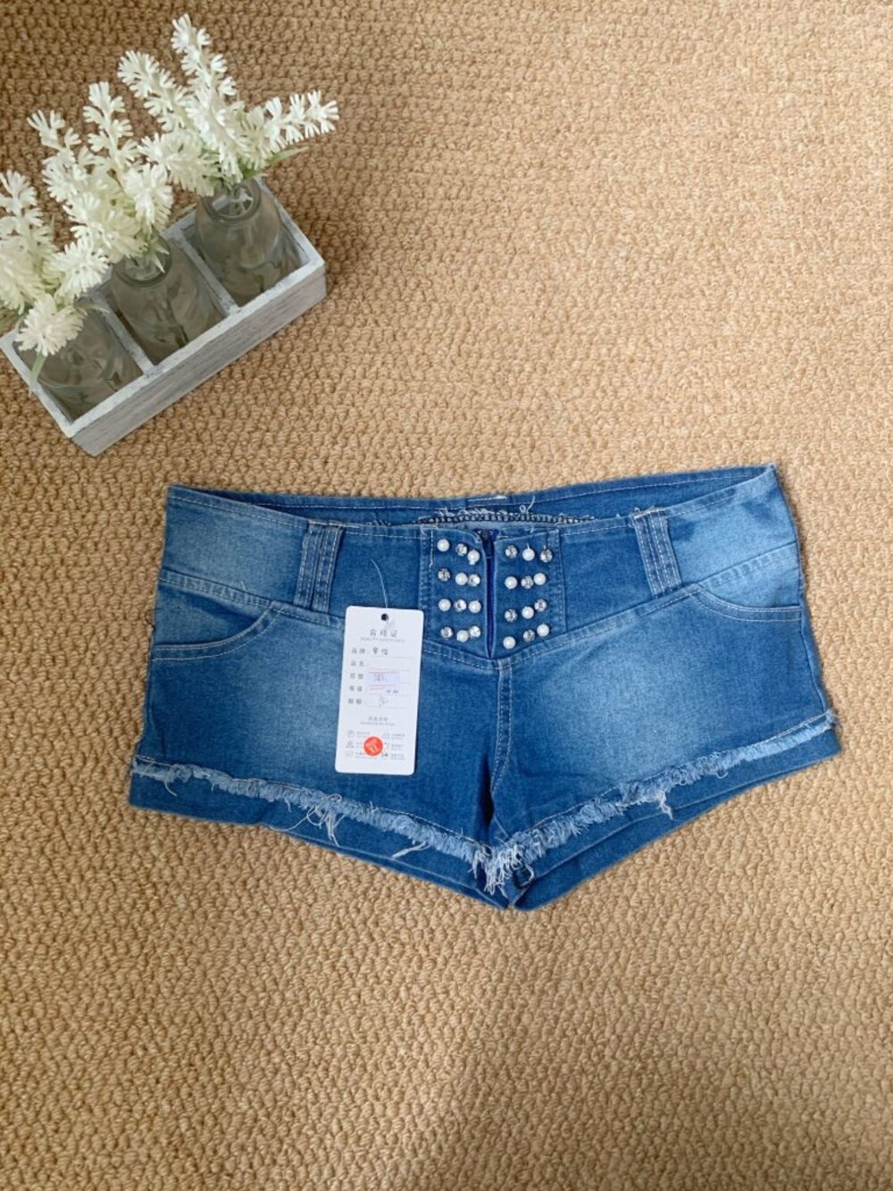 Y2K Pearl Rhinestone Denim Hot Shorts Low Rise L XL
